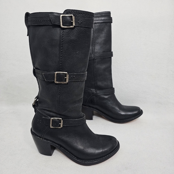Frye Carmen Black Leather Buckle Accent Boots - Picture 1 of 7